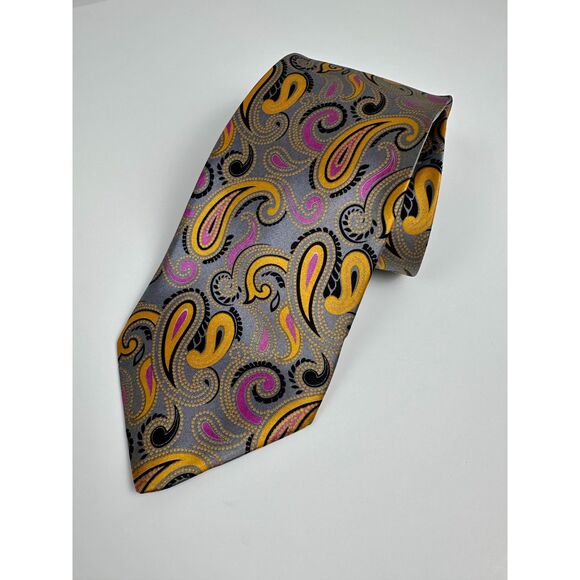 Italo Ferretti Silk Tie Paisley Pattern on Gray Background L-59 in W-3.5 in - Picture 1 of 6